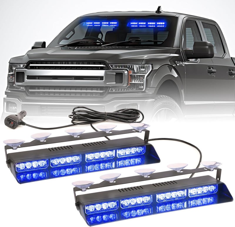 PKINGLAKE 2 in 1 LED Emergency Dash Strobe Light Bar Front/Rear Windshield Safety Flashing Warning Hazard Interior Lights for Police Firefighter Construction Vehicles Trucks (2x14 inch, Blue/Blue) - Image 1